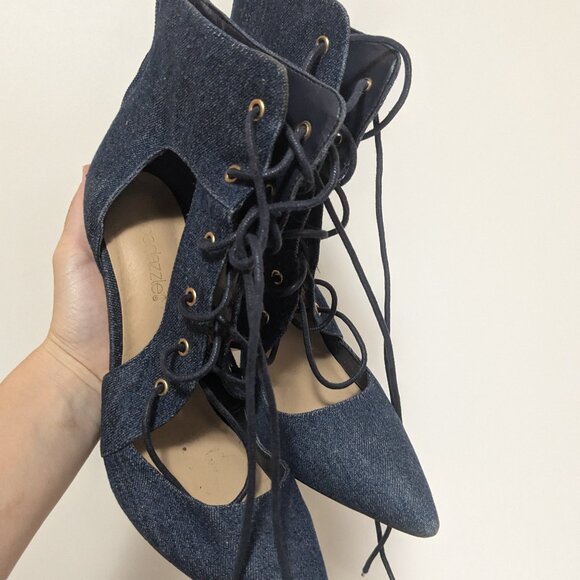 *3/$10* Shoedazzle Latie Stiletto Denim Laceup Booties Blue Size 7.5 - Picture 2 of 6